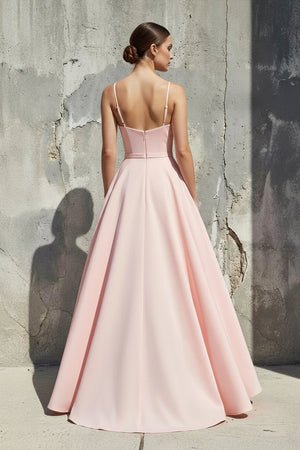 Sheisme-Pink satin spaghetti strap pleated A-line maxi evening formal dress