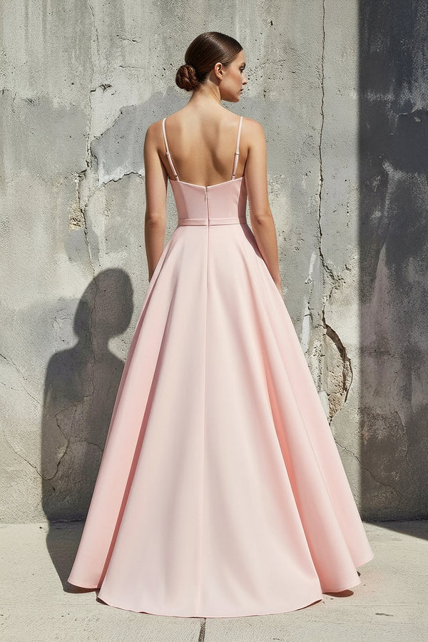 Sheisme-Pink satin spaghetti strap pleated A-line maxi evening formal dress