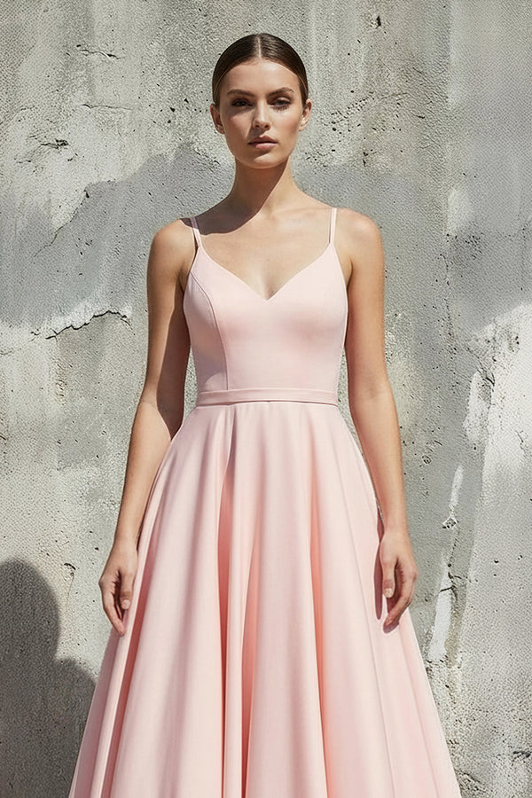 Sheisme-Pink satin spaghetti strap pleated A-line maxi evening formal dress
