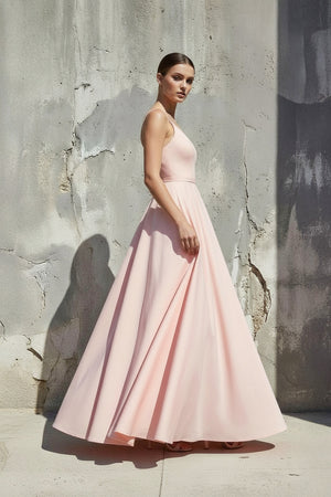 Sheisme-Pink satin spaghetti strap pleated A-line maxi evening formal dress
