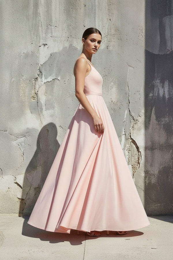 Sheisme-Pink satin spaghetti strap pleated A-line maxi evening formal dress