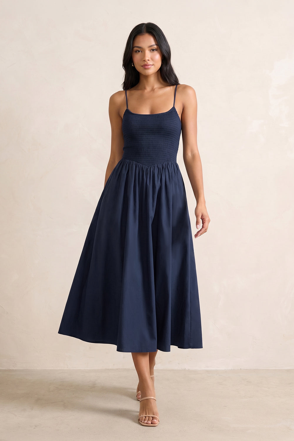 Spaghetti Straps A-Line Knit Midi Dress in Dark Navy– SHE IS ME Dresses