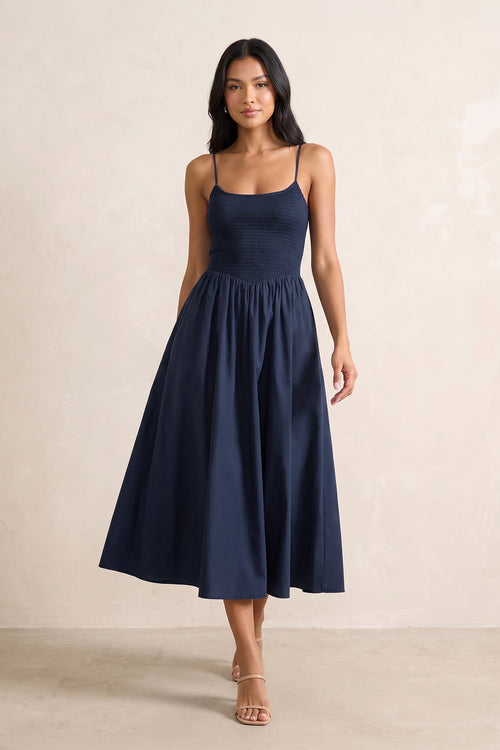 Spaghetti Straps A-Line Knit Midi Dress in Dark Navy– SHE IS ME Dresses