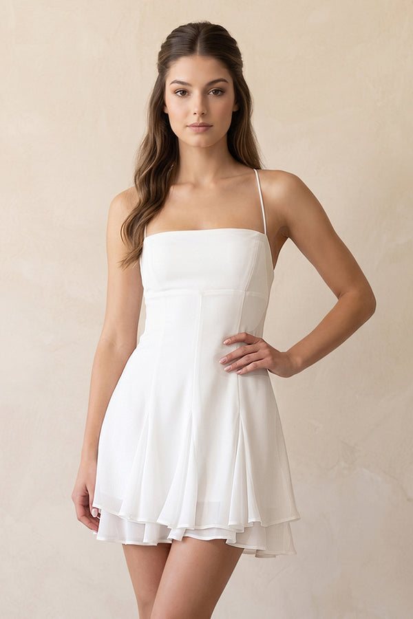 Spaghetti Straps A-Line Mini Dress with Crisscross Back in White – SHE IS ME Dresses