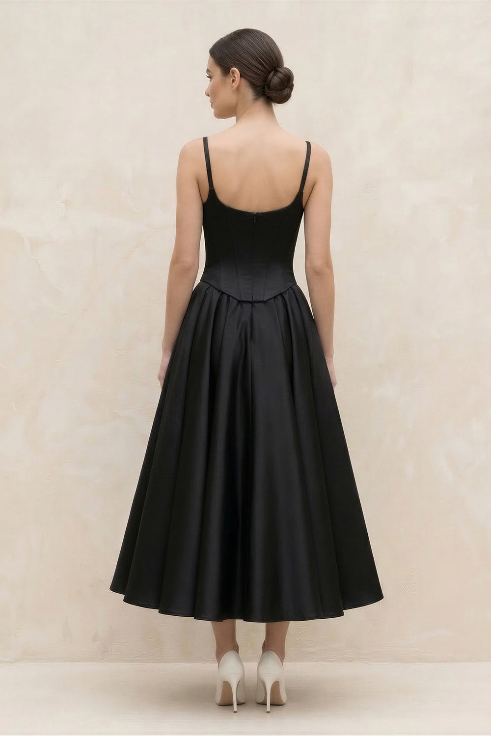 Spaghetti Straps A - Line Satin Midi Wedding Dress in Black - SHE IS ME Wedding Dresses