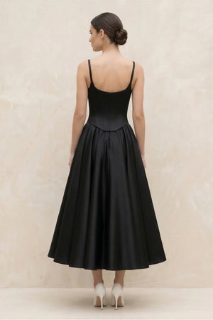 Spaghetti Straps A - Line Satin Midi Wedding Dress in Black - SHE IS ME Wedding Dresses