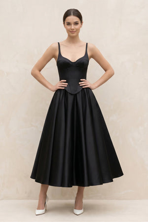 Spaghetti Straps A - Line Satin Midi Wedding Dress in Black - SHE IS ME Wedding Dresses