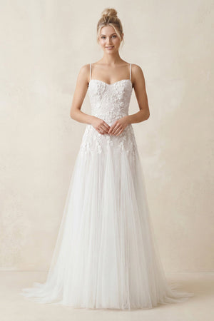 Spaghetti Straps A - Line Tulle Appliqued Wedding Dress in White - SHE IS ME Wedding Dresses