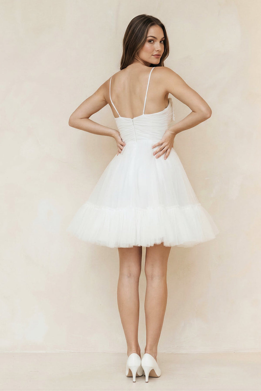 Spaghetti Straps A - line Tulle Bow Wedding Dress With Beading in White - SHE IS ME Wedding Dresses