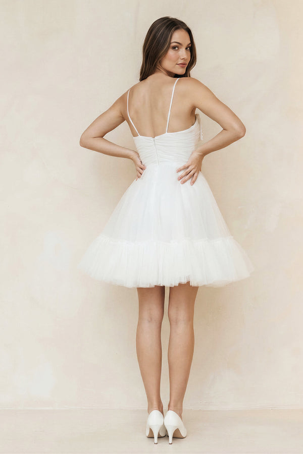 Spaghetti Straps A - line Tulle Bow Wedding Dress With Beading in White - SHE IS ME Wedding Dresses