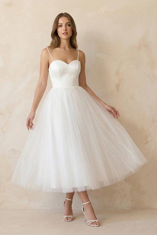 Spaghetti Straps A - Line Tulle Midi Wedding Dress in White - SHE IS ME Wedding Dresses