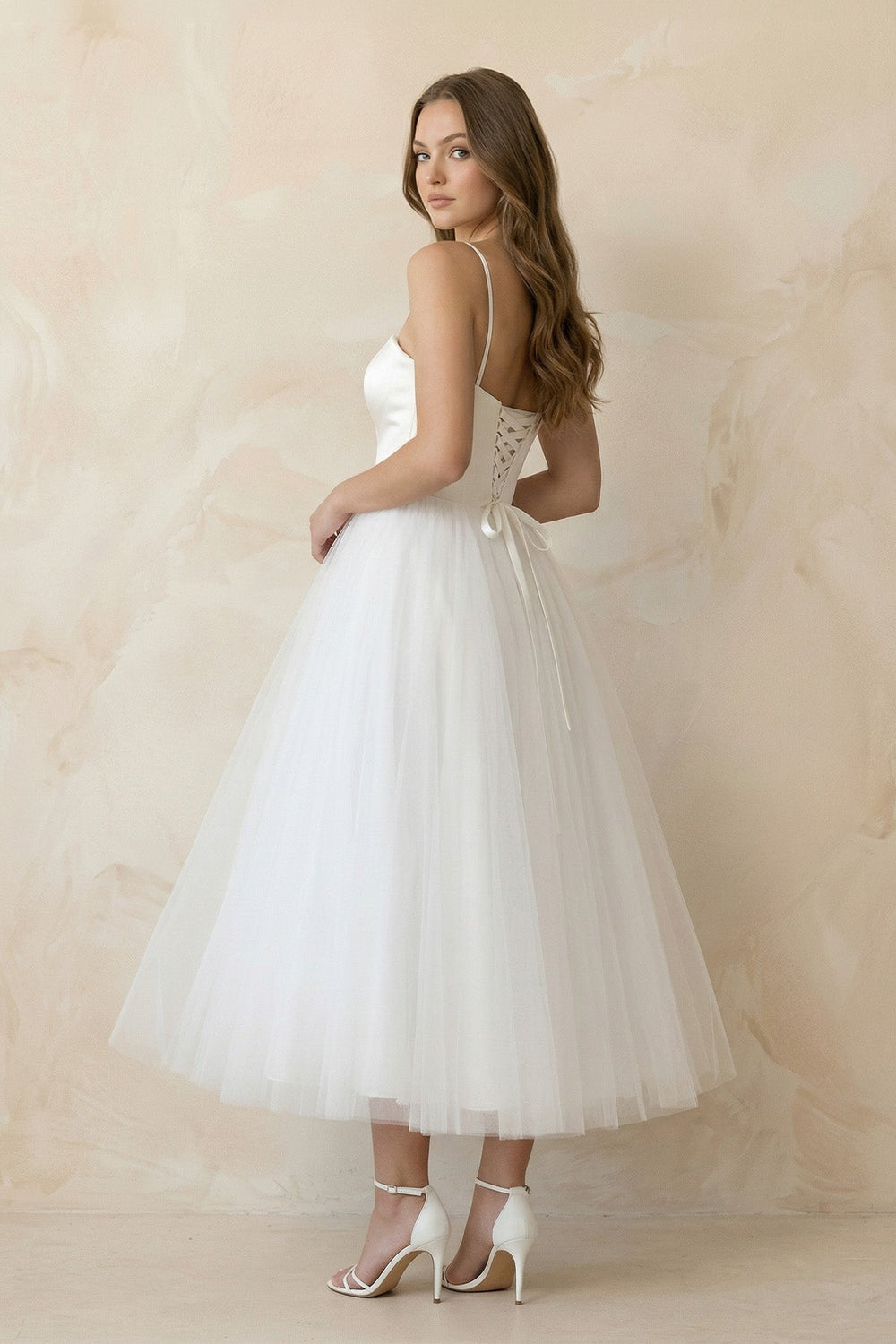 Spaghetti Straps A - Line Tulle Midi Wedding Dress in White - SHE IS ME Wedding Dresses