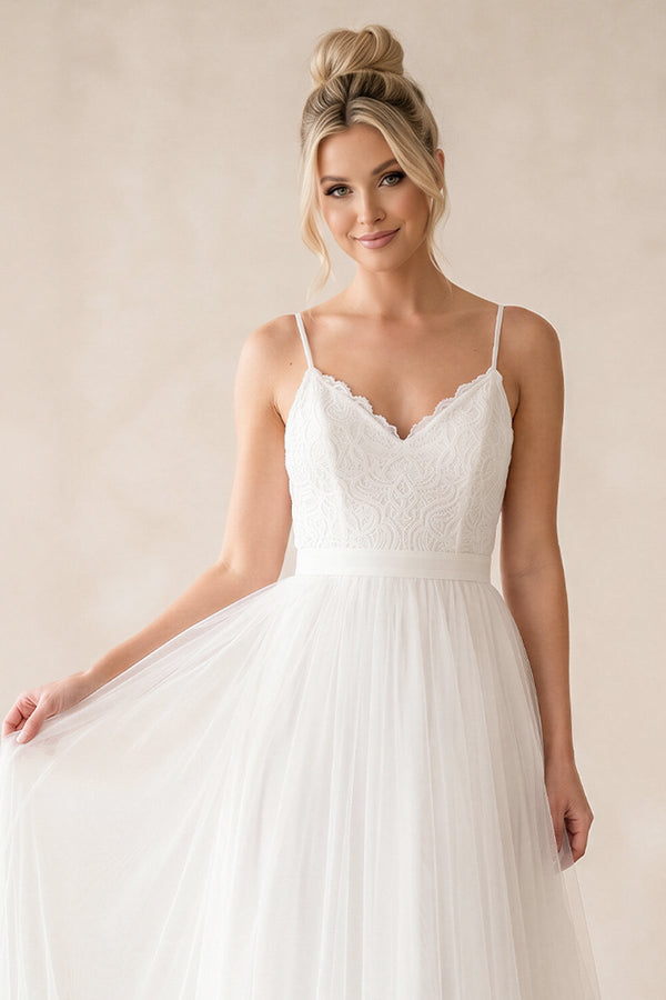 Spaghetti Straps A - Line Tulle Ruched Wedding Dress in White - SHE IS ME Wedding Dresses