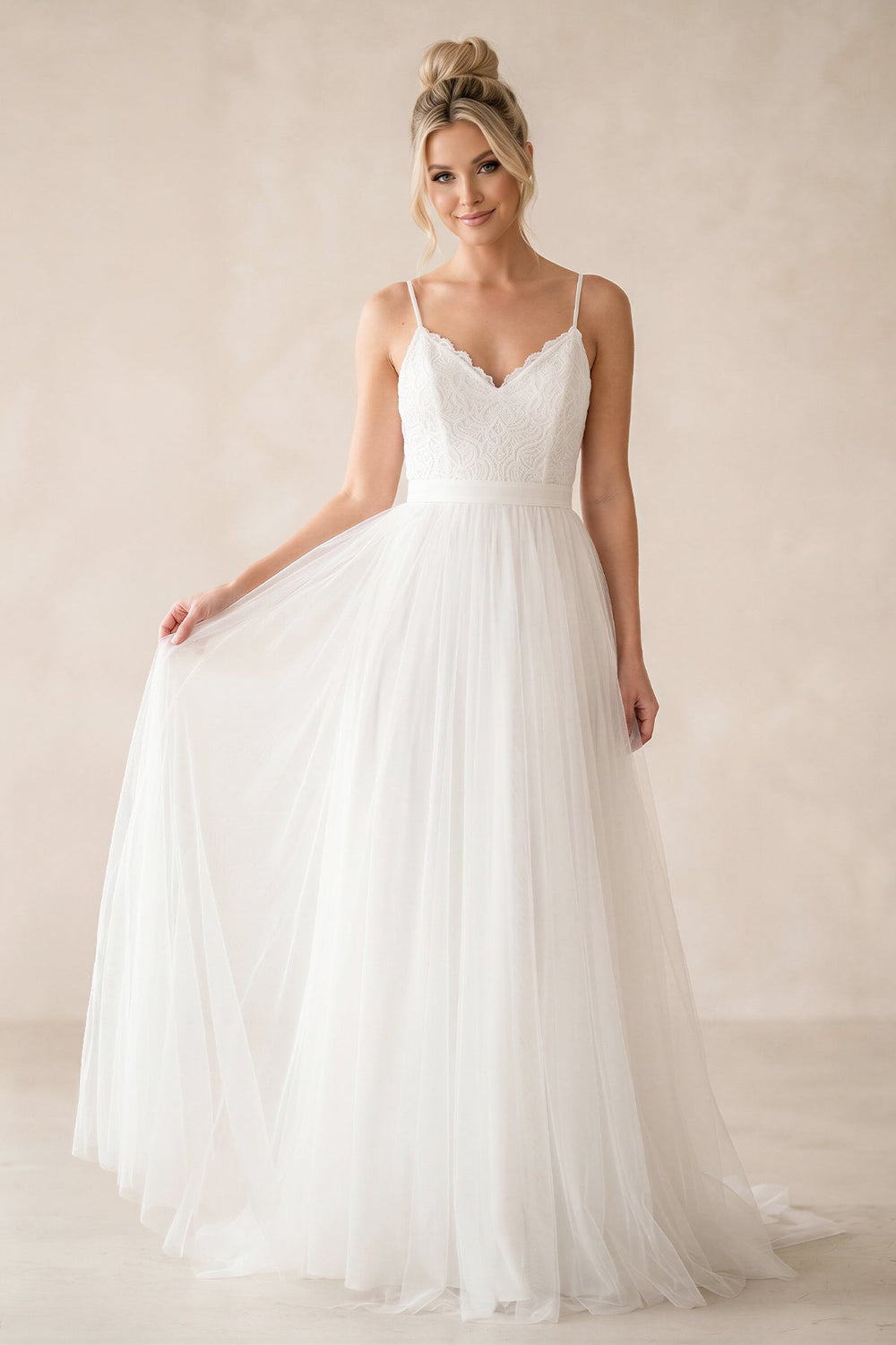 Spaghetti Straps A - Line Tulle Ruched Wedding Dress in White - SHE IS ME Wedding Dresses