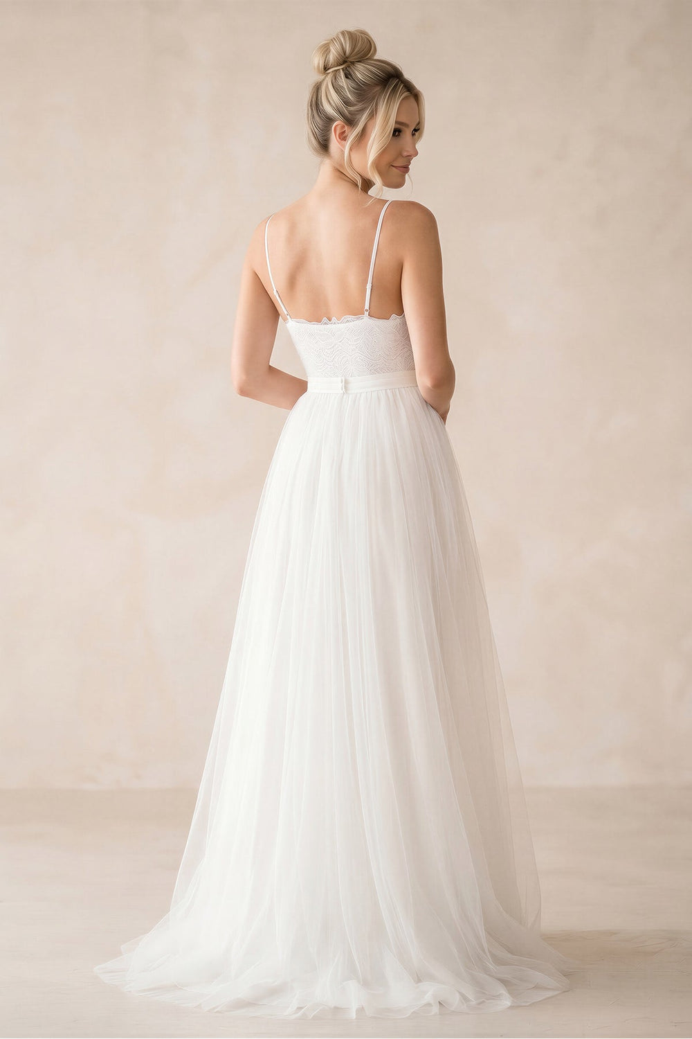 Spaghetti Straps A - Line Tulle Ruched Wedding Dress in White - SHE IS ME Wedding Dresses