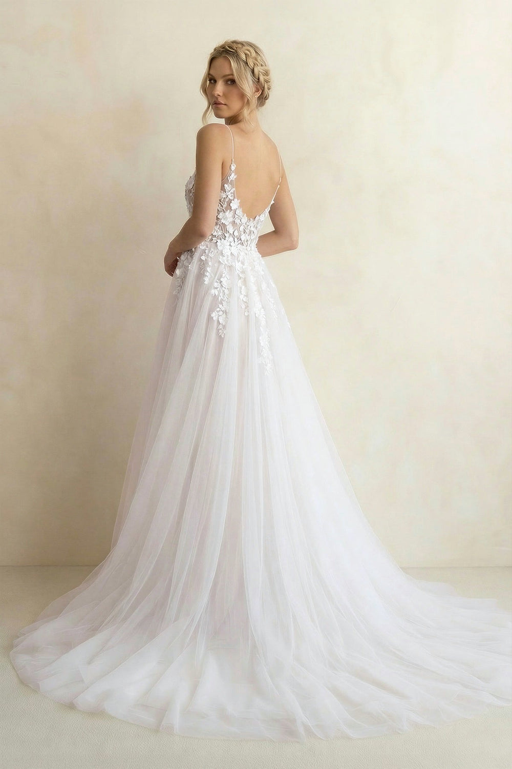 Spaghetti Straps A Line Tulle Wedding Dress in White and Nude - SHE IS ME Wedding Dresses