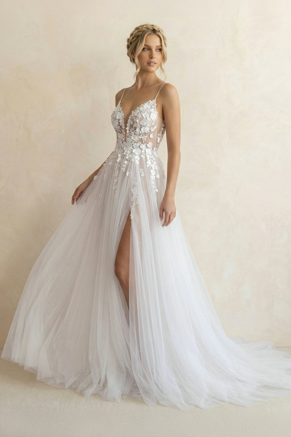 Spaghetti Straps A Line Tulle Wedding Dress in White and Nude - SHE IS ME Wedding Dresses