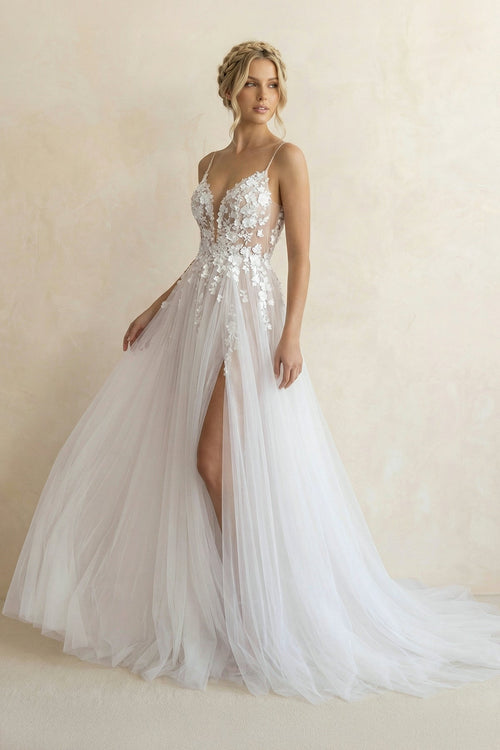 Spaghetti Straps A Line Tulle Wedding Dress in White and Nude - SHE IS ME Wedding Dresses