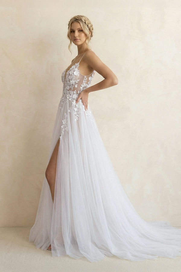 Spaghetti Straps A Line Tulle Wedding Dress in White and Nude - SHE IS ME Wedding Dresses