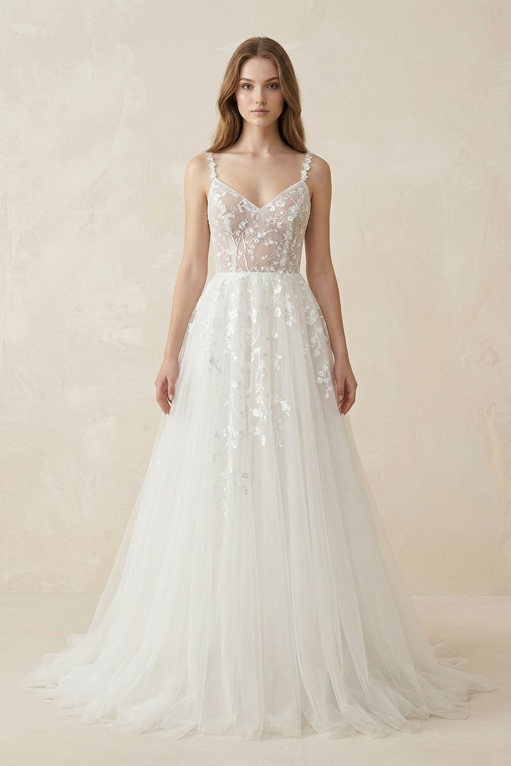 Spaghetti - Straps A - Line Tulle Wedding Dress With Lace Appliques in White - SHE IS ME Wedding Dresses