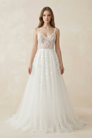 Spaghetti - Straps A - Line Tulle Wedding Dress With Lace Appliques in White - SHE IS ME Wedding Dresses