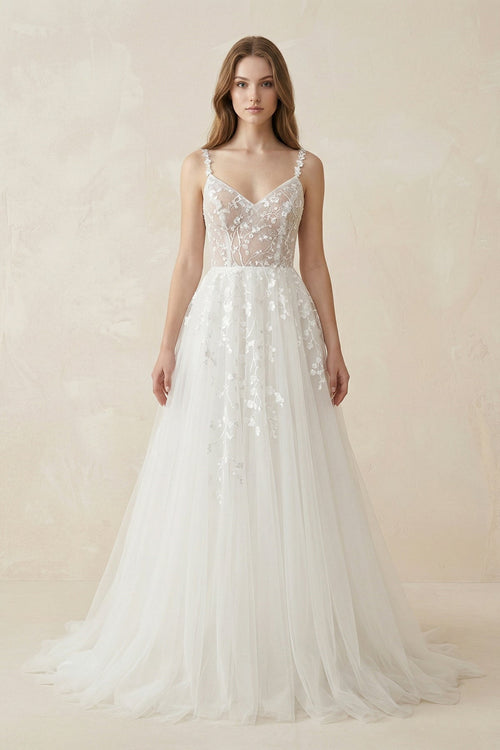 Spaghetti - Straps A - Line Tulle Wedding Dress With Lace Appliques in White - SHE IS ME Wedding Dresses