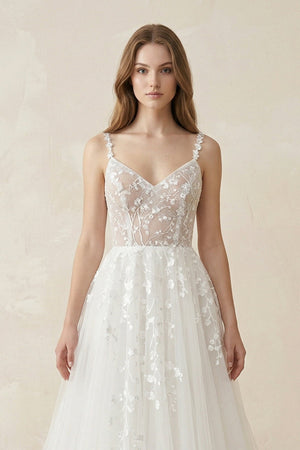 Spaghetti - Straps A - Line Tulle Wedding Dress With Lace Appliques in White - SHE IS ME Wedding Dresses