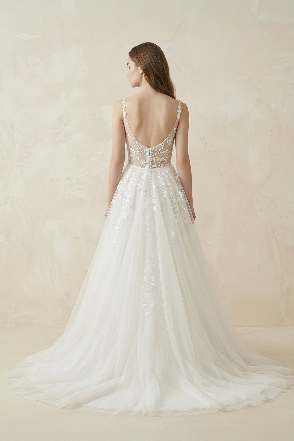 Spaghetti - Straps A - Line Tulle Wedding Dress With Lace Appliques in White - SHE IS ME Wedding Dresses