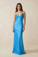 Spaghetti Straps Appliqued Sheath Satin Long Prom Dress in Blue - SHE IS ME Prom Dresses