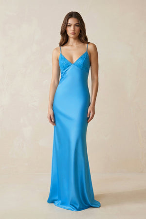Spaghetti Straps Appliqued Sheath Satin Long Prom Dress in Blue - SHE IS ME Prom Dresses