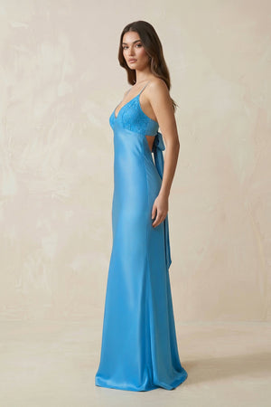 Spaghetti Straps Appliqued Sheath Satin Long Prom Dress in Blue - SHE IS ME Prom Dresses
