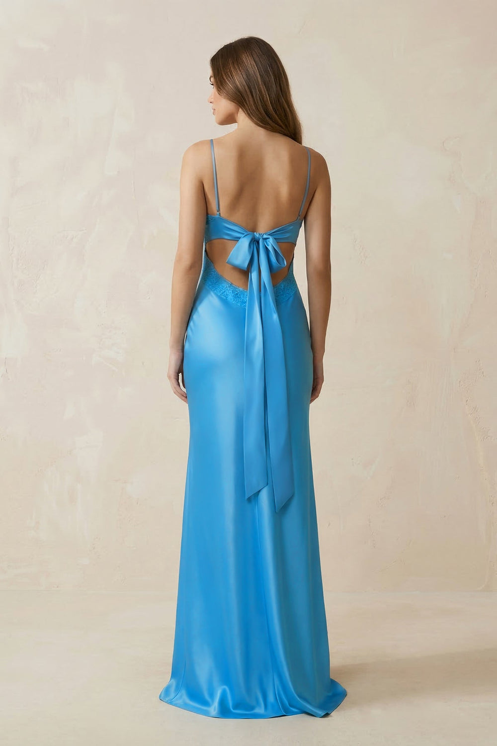 Spaghetti Straps Appliqued Sheath Satin Long Prom Dress in Blue - SHE IS ME Prom Dresses