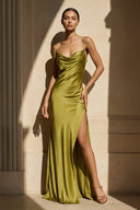 Spaghetti Straps Backless Maxi Dress With Slit in Olive - SHE IS ME