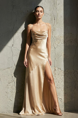 Spaghetti Straps Beaded Gown With Slit in Champagne - SHE IS ME