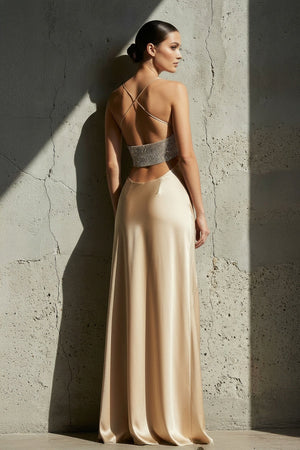 Spaghetti Straps Beaded Gown With Slit in Champagne - SHE IS ME