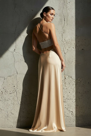 Spaghetti Straps Beaded Gown With Slit in Champagne - SHE IS ME