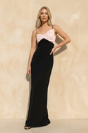 Spaghetti Straps Bow Maxi Dress in Black and Pink - SHE IS ME PROM DRESSES