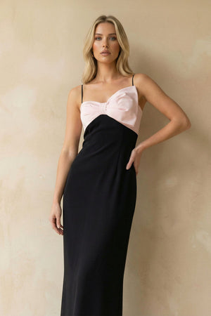 Spaghetti Straps Bow Maxi Dress in Black and Pink - SHE IS ME PROM DRESSES