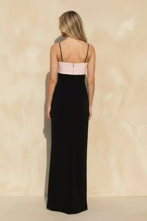 Spaghetti Straps Bow Maxi Dress in Black and Pink - SHE IS ME PROM DRESSES