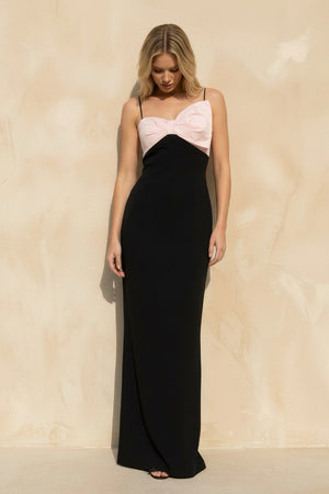 Sheisme-Black & pink stretch-crepe spaghetti strap sheath maxi evening formal dress with bowknot