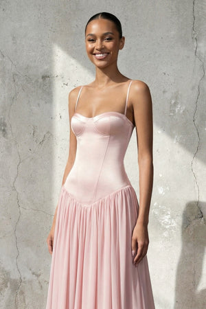 Spaghetti Straps Corset Pleated Maxi Dress in Pink - SHE IS ME