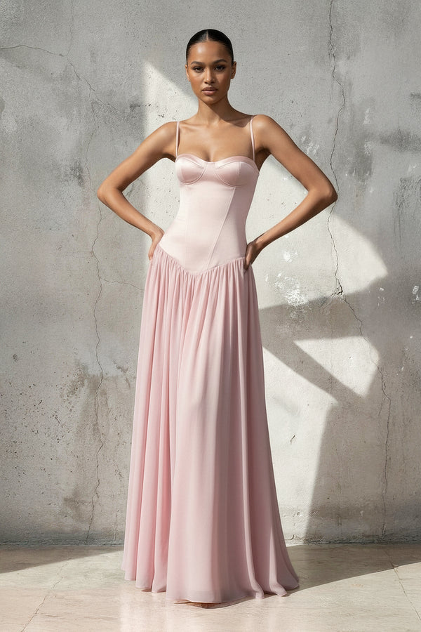 Spaghetti Straps Corset Pleated Maxi Dress in Pink - SHE IS ME PROM DRESSES