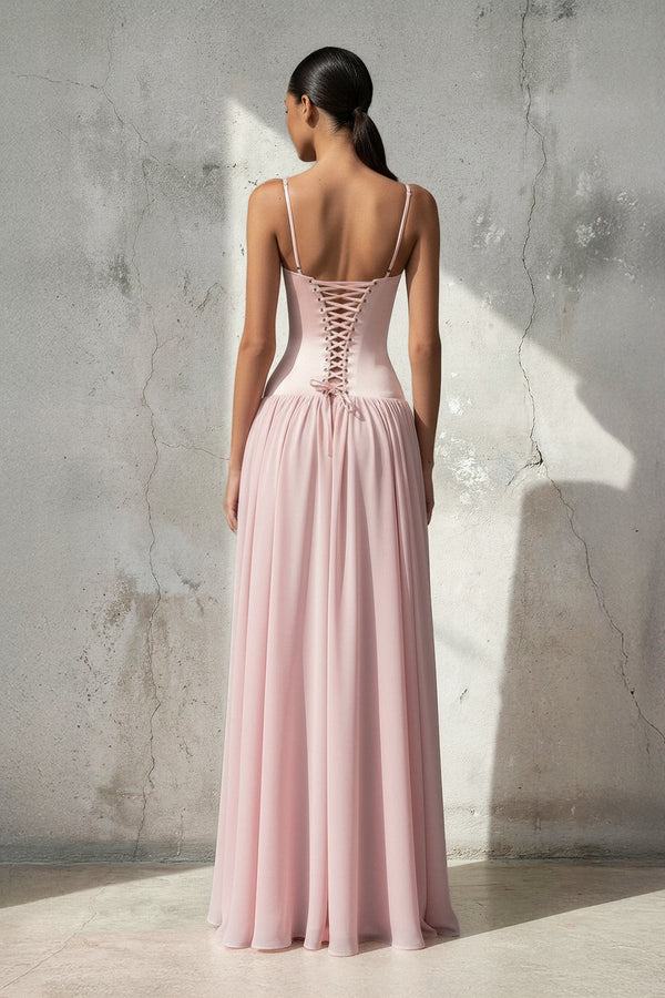 Spaghetti Straps Corset Pleated Maxi Dress in Pink - SHE IS ME PROM DRESSES