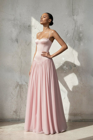 Spaghetti Straps Corset Pleated Maxi Dress in Pink - SHE IS ME PROM DRESSES