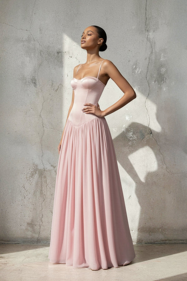 Spaghetti Straps Corset Pleated Maxi Dress in Pink - SHE IS ME PROM DRESSES