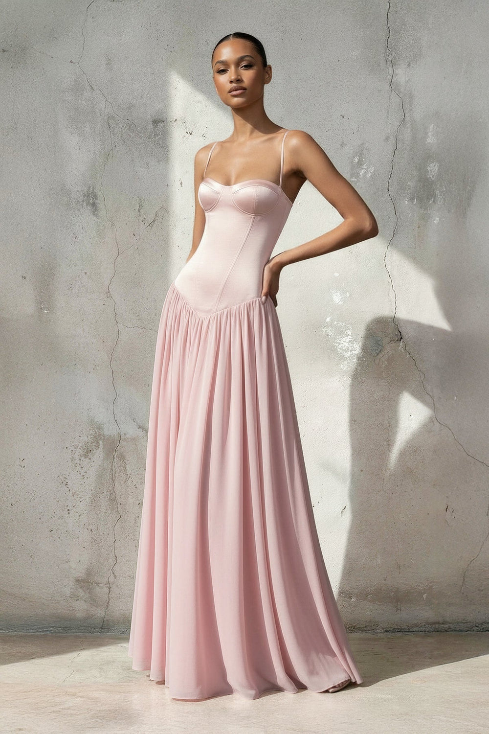 Spaghetti Straps Corset Pleated Maxi Dress in Pink - SHE IS ME PROM DRESSES