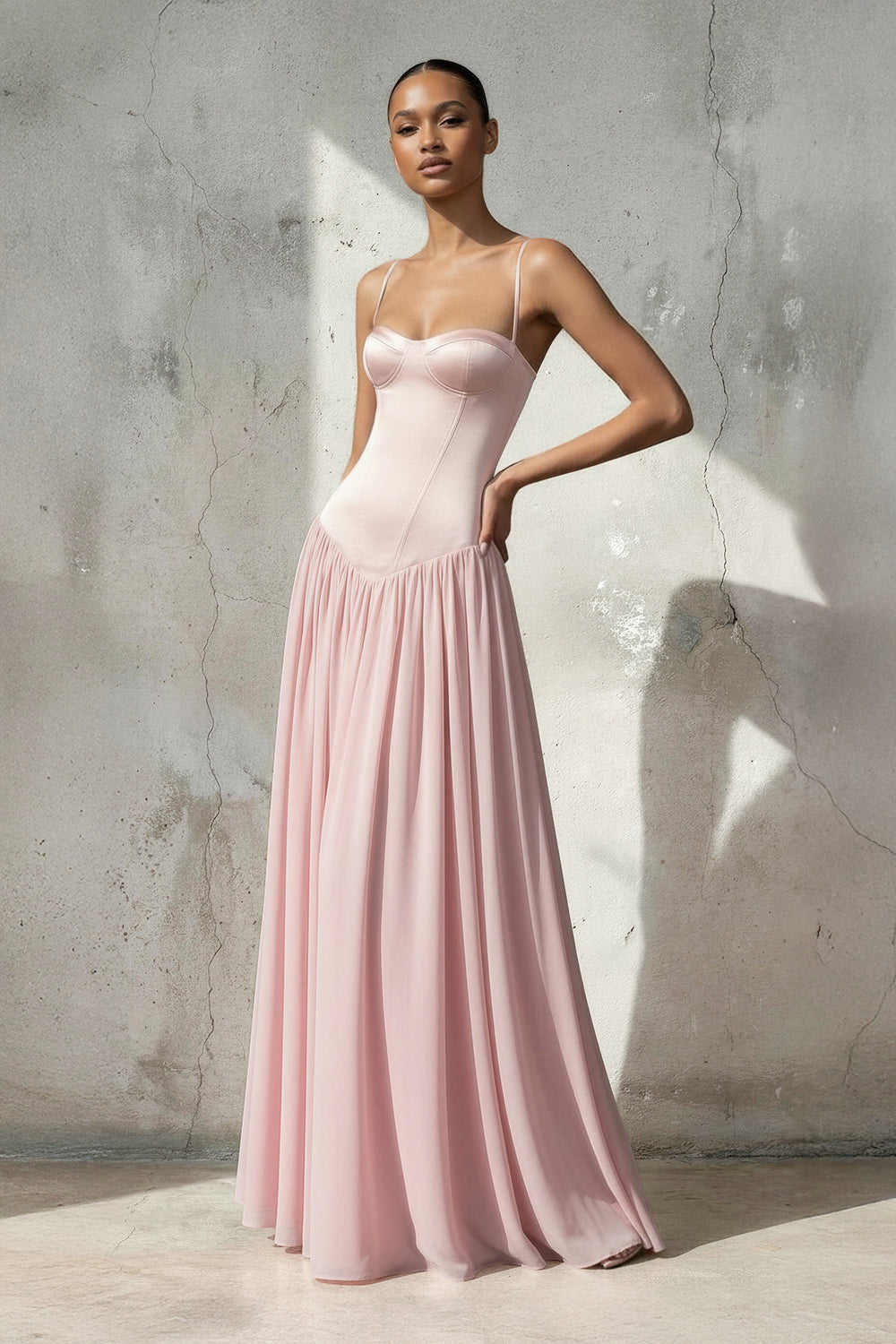 Sheisme-Pink Chiffon Spaghetti Straps A-Line Maxi Evening Formal Dress