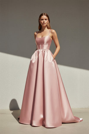 Sheisme-Pink Satin Spaghetti Straps A-Line Maxi Evening Formal Dress