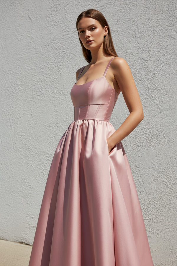 Sheisme-Pink Satin Spaghetti Straps A-Line Maxi Evening Formal Dress