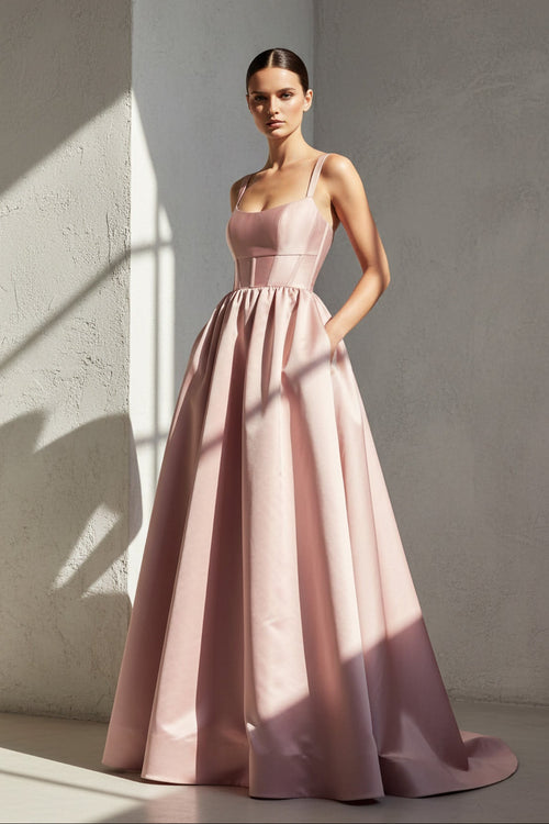 Sheisme-Pink Satin Spaghetti Straps A-Line Maxi Evening Formal Dress